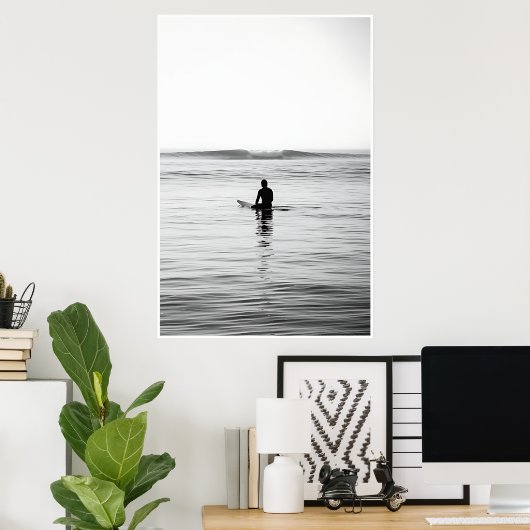 Zwart-wit Surf – Minimalistische Oceaan Poster (Thuiskantoor)
