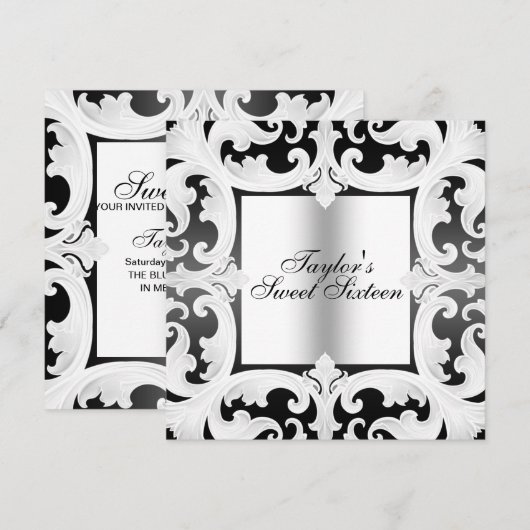 Zwart/Wit Sweet16 Damask Design Verjaardag Uitnodi Kaart (Voorkant / Achterkant)