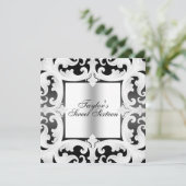 Zwart/Wit Sweet16 Damask Design Verjaardag Uitnodi Kaart (Staand voorkant)