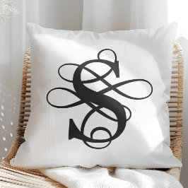 Zwart-wit Swirly Flourish Initiaal Monogram Kussen