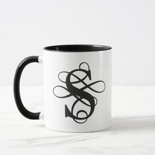 Zwart-wit Swirly Flourish Initiaal Monogram Mok (Links)
