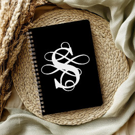 Zwart-wit Swirly Flourish Initiaal Monogram Notitieboek
