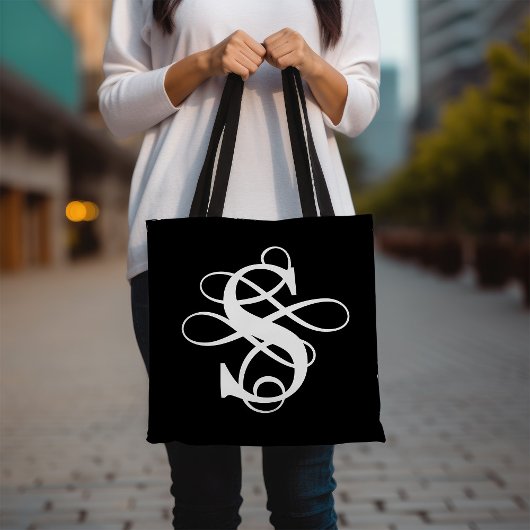 Zwart-wit Swirly Flourish Initiaal Monogram Tote Bag