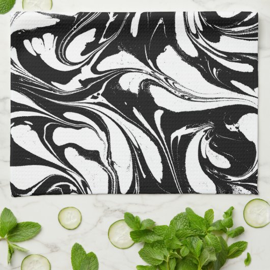Zwart-wit swirly marmeren patroon theedoek (Gevouwen)