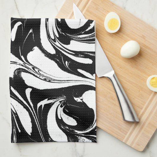 Zwart-wit swirly marmeren patroon theedoek (Quarter Fold)