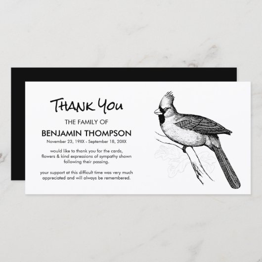 Zwart & Wit Symbolische Kardinaal Roukaart Bedankt (Voorkant / Achterkant)