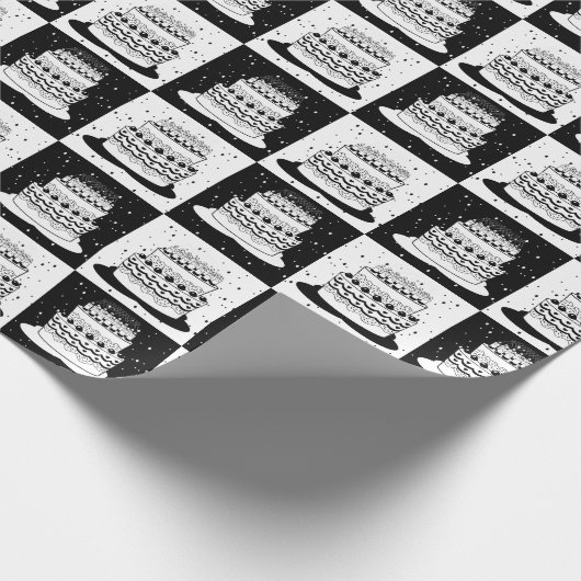 Zwart wit taart geruite blokprint cadeaupapier (Hoek)