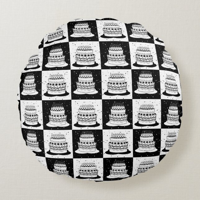 Zwart wit taart geruite blokprint rond kussen (Voorkant)
