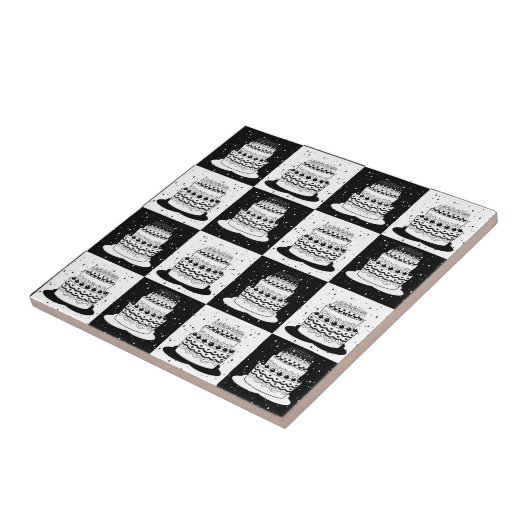 Zwart wit taart geruite blokprint tegeltje (Zijkant)