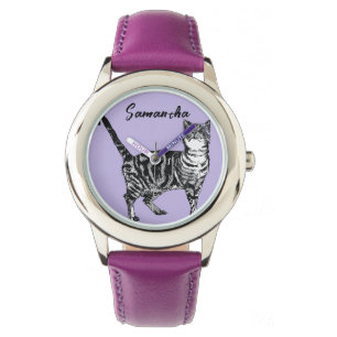 Zwart-Wit Tabby Kat Meisjesnaam Paars  Horloge