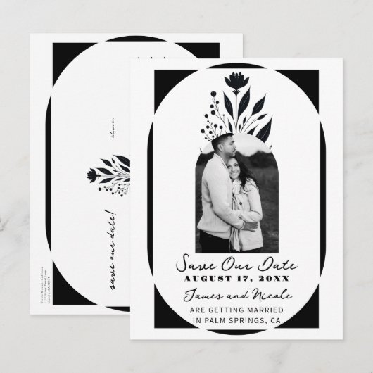 Zwart & Wit Tall Floral Modern Save the Date Aankondigingskaart (Voorkant / Achterkant)