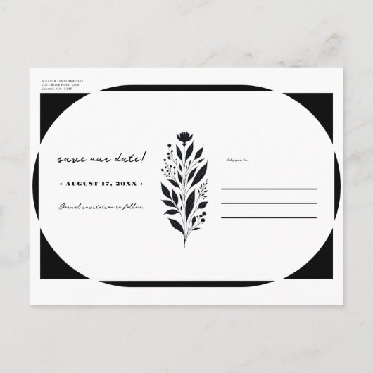 Zwart & Wit Tall Floral Modern Save the Date Aankondigingskaart (Achterkant)