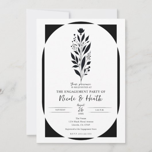 Zwart Wit Tall Floral Modern  Verloving Kaart (Voorkant)