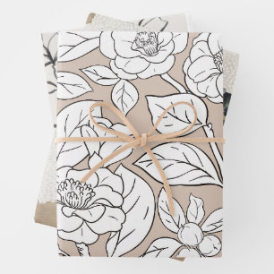 Zwart, Wit & Tan Bloemen Collage Inpakpapier Vel