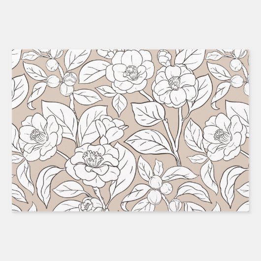 Zwart, Wit & Tan Bloemen Collage Inpakpapier Vel (Voorkant)