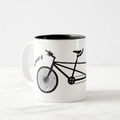 Zwart-wit tandem fiets dubbele namen tweekleurige koffiemok (Voorkant links)