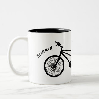 Zwart-wit tandem fiets dubbele namen tweekleurige koffiemok