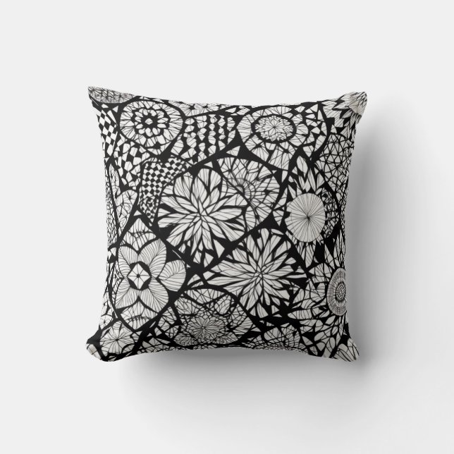 Zwart-wit Tangle Flowered Kussen (Voorkant)