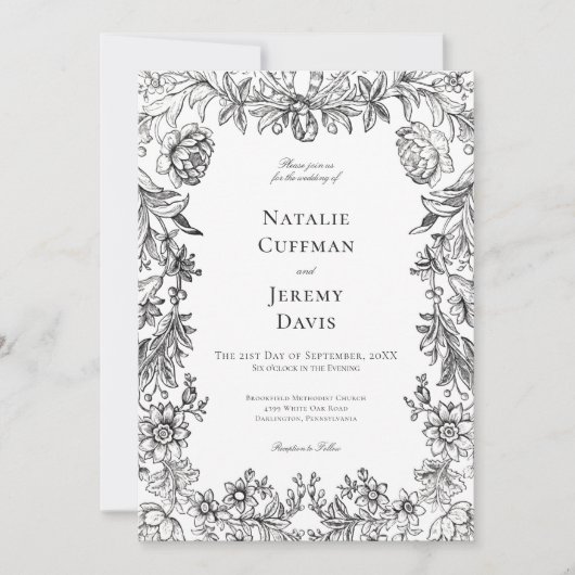 Zwart & Wit Tapijt Bloemen Huwelijk Kaart (Voorkant)