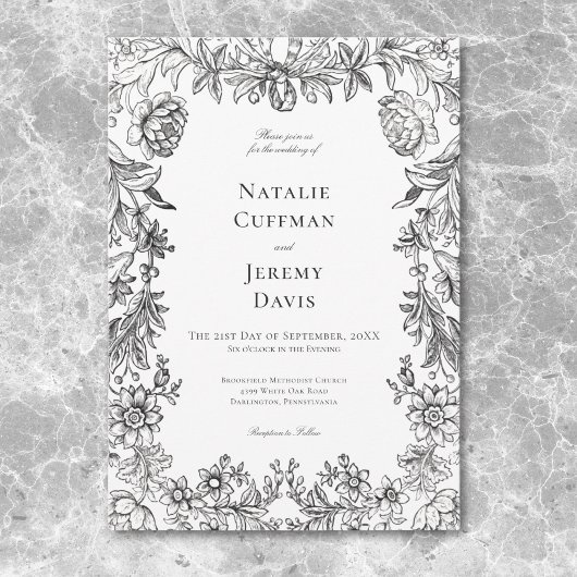  Zwart & Wit Tapijt Bloemen Huwelijk Kaart