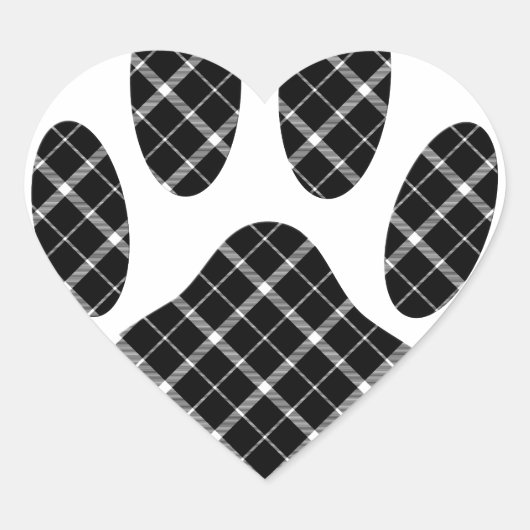 Zwart-wit Tartan Dog Paw Afdrukken Hart Sticker (Voorkant)