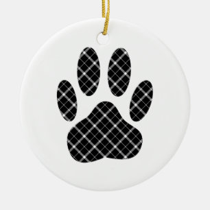 Zwart-wit Tartan Dog Paw Afdrukken Keramisch Ornament