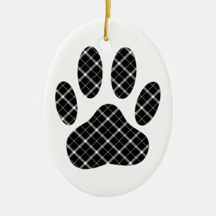 Zwart-wit Tartan Dog Paw Afdrukken Keramisch Ornament