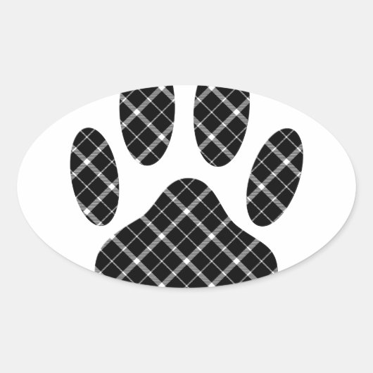 Zwart-wit Tartan Dog Paw Afdrukken Ovale Sticker (Voorkant)
