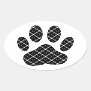 Zwart-wit Tartan Dog Paw Afdrukken Ovale Sticker