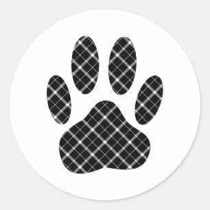 Zwart-wit Tartan Dog Paw Afdrukken Ronde Sticker