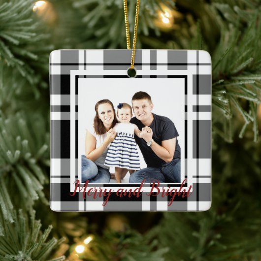 Zwart-wit Tartan Foto Ornament (Boom)