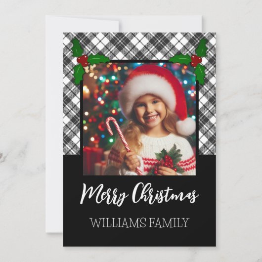 Zwart wit tartan geruit winter Kerst foto Feestdagenkaart (Voorkant)