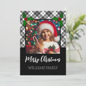 Zwart wit tartan geruit winter Kerst foto Feestdagenkaart (Staand voorkant)