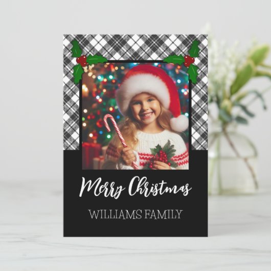 Zwart wit tartan geruit winter Kerst foto Feestdagenkaart (Staand voorkant)