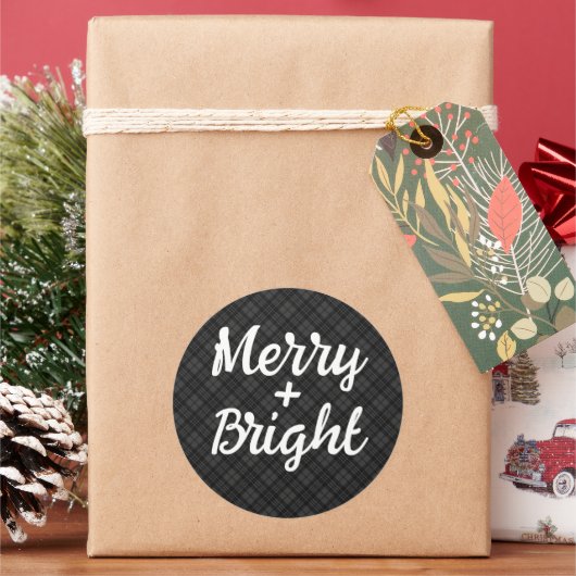 Zwart wit tartan Kerstmis Vrolijk helder Ronde Sticker (Feestdagen)