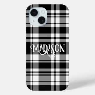 Zwart-wit tartan plaid kalligrafie iPhone 15 case