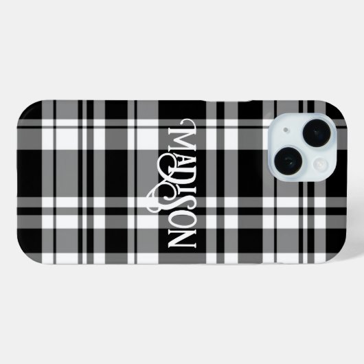 Zwart-wit tartan plaid kalligrafie Case-Mate iPhone case (Achterkant (horizontaal))
