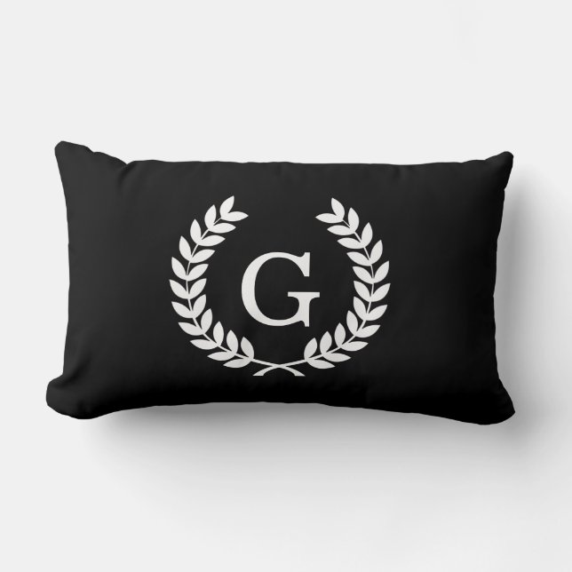Zwart Wit Tarwe Laurierkrans Initiaal Monogram Kussen (Voorkant)