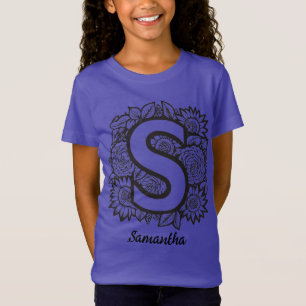 Zwart-wit tatoeage pioen bloemen monogram S T-shirt