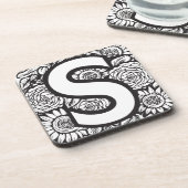Zwart-wit Tattoo-stijl Inktbloemen Monogram Bier Onderzetter (Linkerzijde)