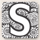 Zwart-wit Tattoo-stijl Inktbloemen Monogram Bier Onderzetter (Voorkant)