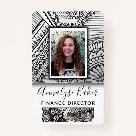 Zwart-wit Tattoo Werknemer Foto Naam Badge (Voorkant)