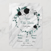 zwart wit teal bloemmotief zilveren krans marmer save the date (Voorkant / Achterkant)