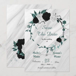 zwart wit teal bloemmotief zilveren krans marmer save the date
