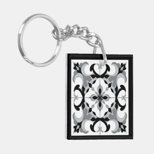 Zwart-wit Tegel in Spaanse stijl Sleutelhanger (Voorkant Links)