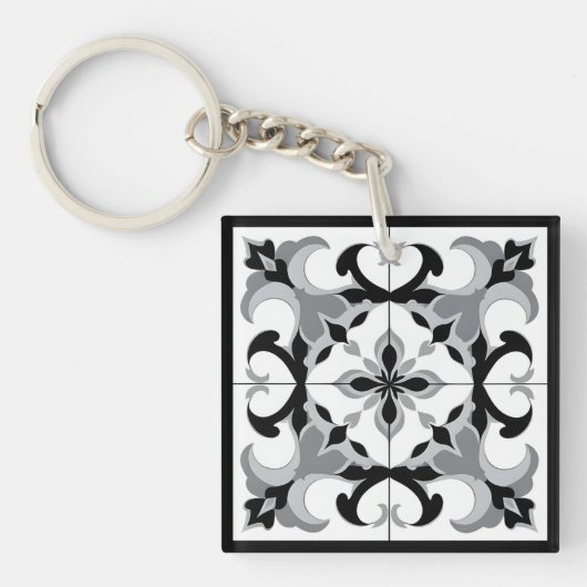 Zwart-wit Tegel in Spaanse stijl Sleutelhanger (Voorkant)
