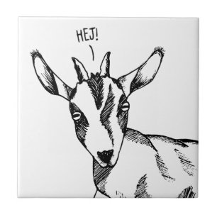 Zwart-wit tekening van een kleine geit die "Hej!" Tegeltje