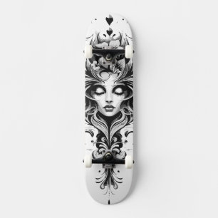 Zwart & wit tekening van een vrouw persoonlijk skateboard