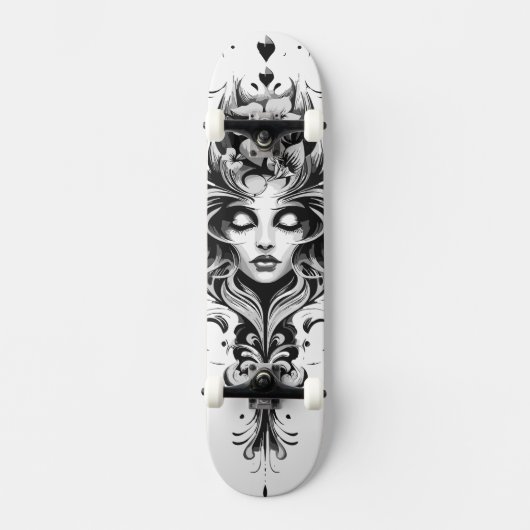 Zwart-wit tekening van een vrouw persoonlijk skateboard (Voorkant)