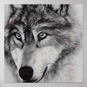 Zwart-wit tekening van een wolf poster